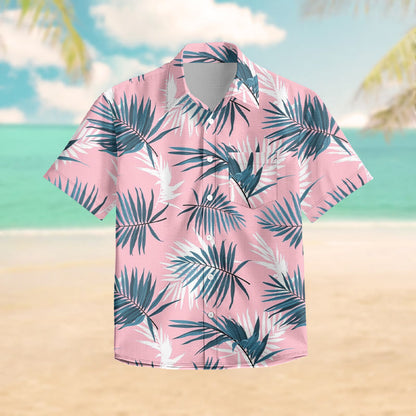 100% Cotton Summer Coconut Tree Leaf Pattern Print Short Sleeve Shirt - Pink - 6XL - image 1