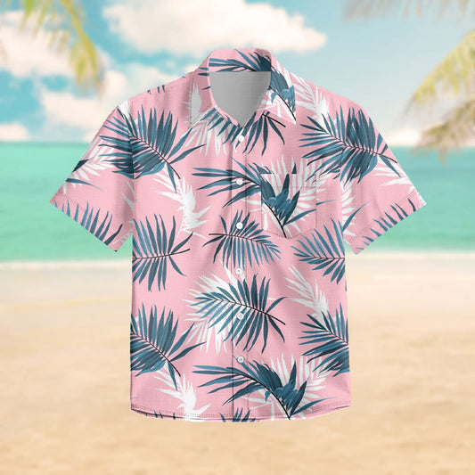 100% Cotton Summer Coconut Tree Leaf Pattern Print Short Sleeve Shirt - Pink - 6XL - image 1