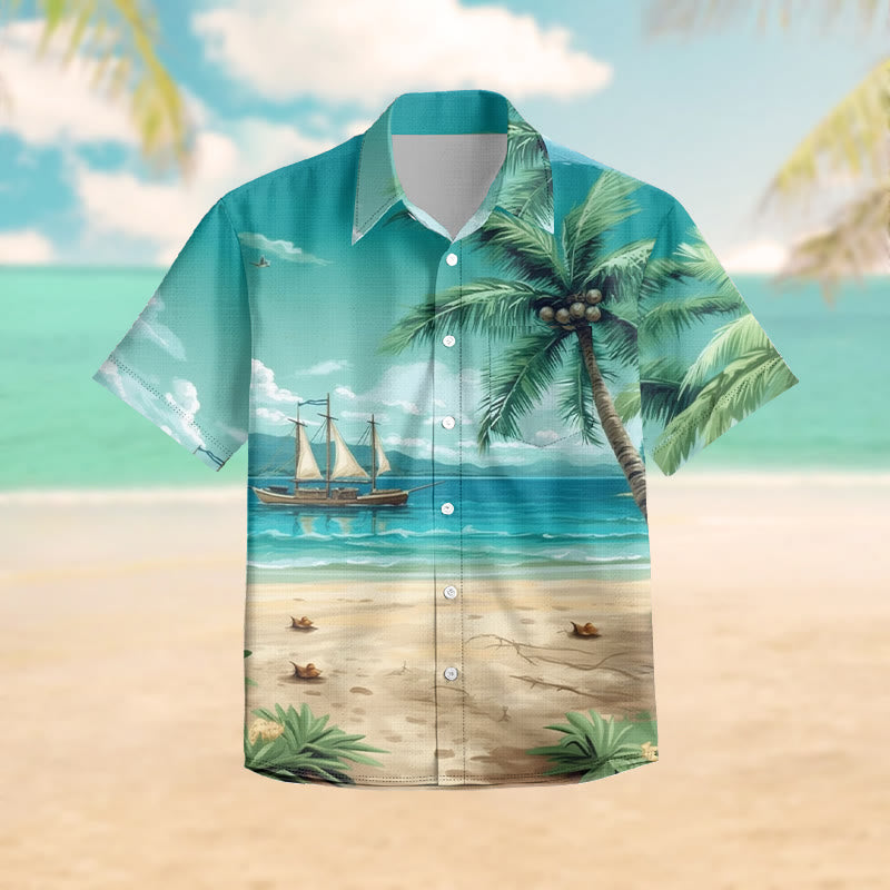 100% Cotton Hawaii Beach & Coconut Tree Pattern Print Short Sleeve Shirt - Green - 6XL - image 1