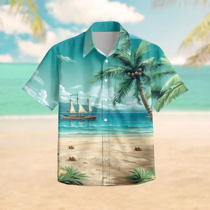 100% Cotton Hawaii Beach & Coconut Tree Pattern Print Short Sleeve Shirt - Green - 6XL - image 1