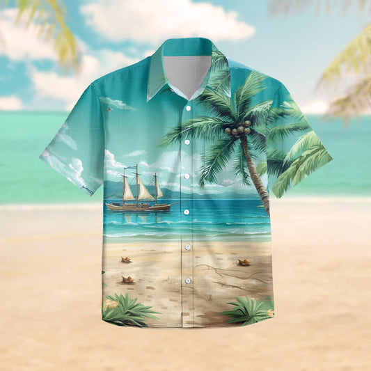 100% Cotton Hawaii Beach & Coconut Tree Pattern Print Short Sleeve Shirt - Green - 6XL - image 1