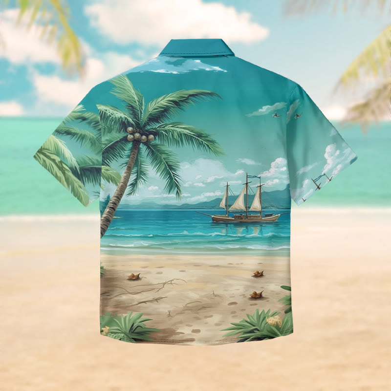 100% Cotton Hawaii Beach & Coconut Tree Pattern Print Short Sleeve Shirt - image 2