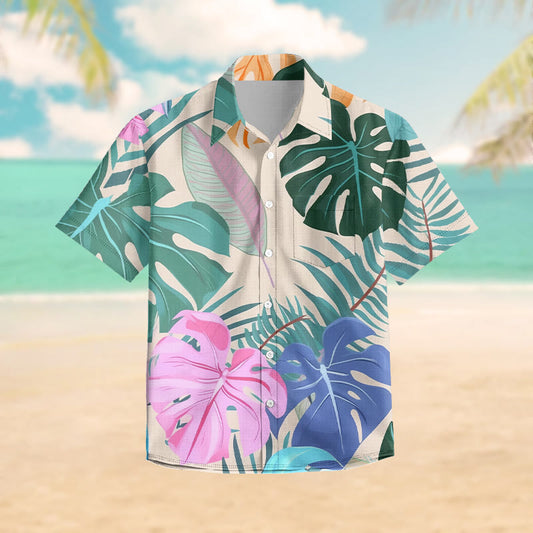 100% Cotton Summer Colorful Tropical Tree Leaves Print Short Sleeve Shirt - Multicolor - 6XL - image 1
