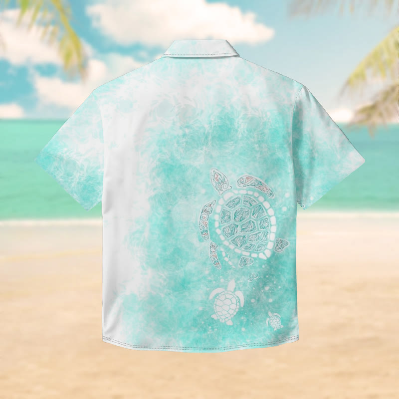 100% Cotton Abstract Aqua Turtle Pattern Print Short Sleeve Shirt - image 2