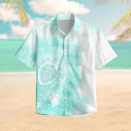 100% Cotton Abstract Aqua Turtle Pattern Print Short Sleeve Shirt - Light Green - 6XL - image 1
