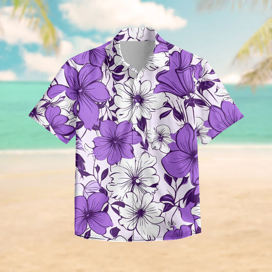 100% Cotton Romantic Purple Floral Pattern Print Short Sleeve Shirt - Purple - 6XL - image 1