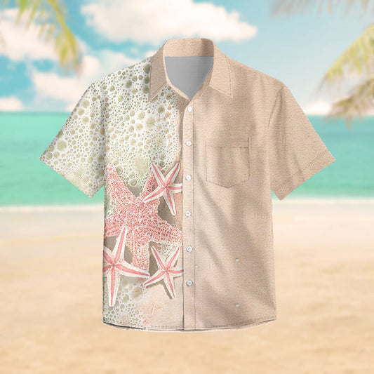 100% Cotton Summer Starfish And Sand Pattern Print Short Sleeve Shirt - Apricot - 6XL - image 1