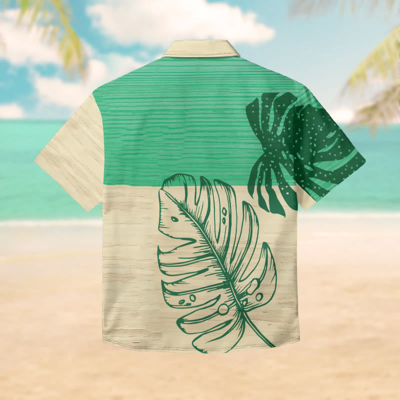 100% Cotton Tropical Striped Green Leaf Pattern Print Short Sleeve Shirt - image 2