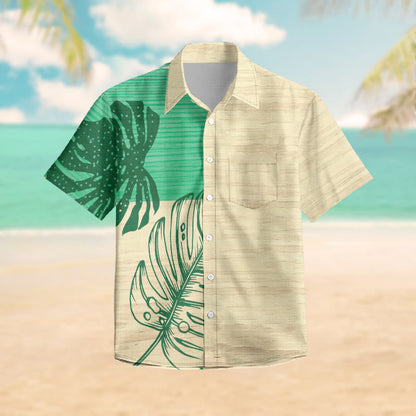 100% Cotton Tropical Striped Green Leaf Pattern Print Short Sleeve Shirt - Green - 6XL - image 1