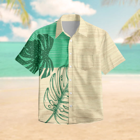 100% Cotton Tropical Striped Green Leaf Pattern Print Short Sleeve Shirt - Green - 6XL - image 1