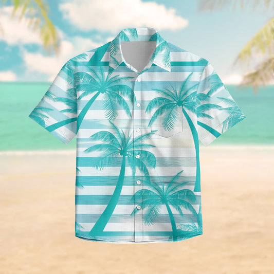 100% Cotton Aqua Palm Tree Pattern Print Short Sleeve Shirt - Lake Blue - 6XL - image 1