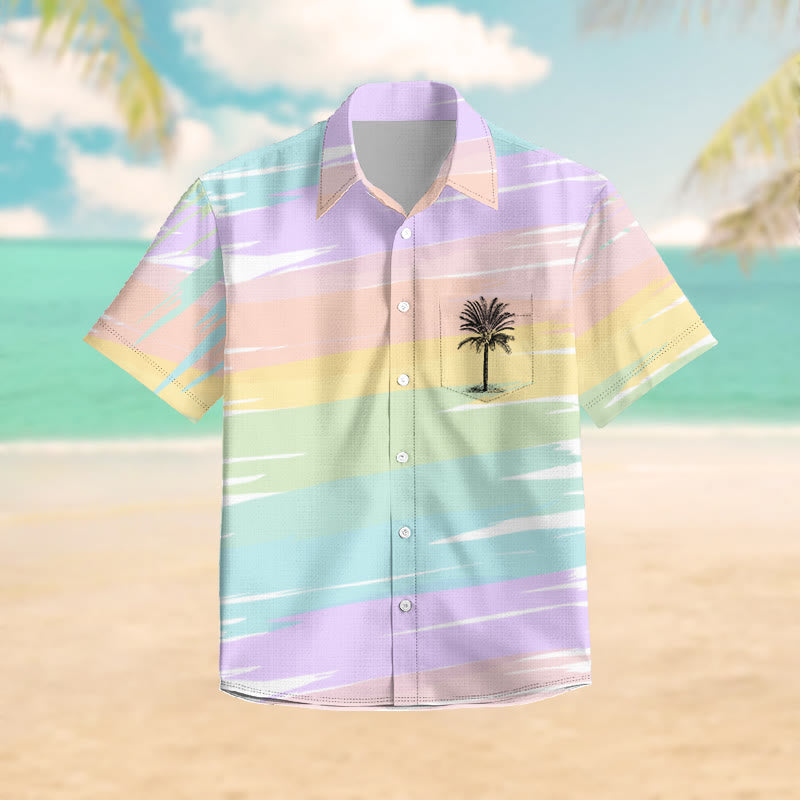100% Cotton Pastel Sunset Coconut Tree Pattern Print Short Sleeve Shirt - Multicolor - 6XL - image 1