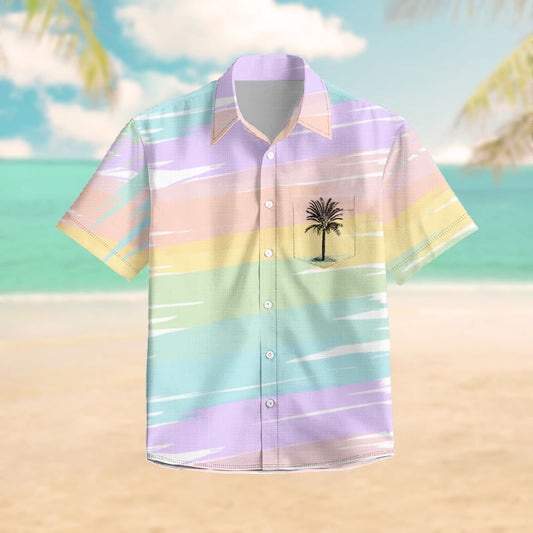 100% Cotton Pastel Sunset Coconut Tree Pattern Print Short Sleeve Shirt - Multicolor - 6XL - image 1