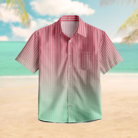 100% Cotton Ombre Contrast Striped Print Short Sleeve Shirt - Red - 6XL - image 1