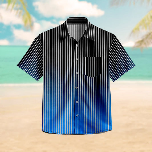100% Cotton Contrast Black & Blue Striped Print Short Sleeve Shirt - Black - 6XL - image 1