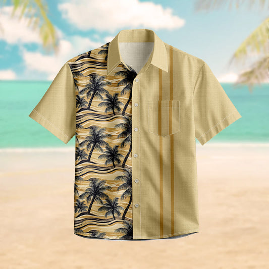 100% Cotton Tropical Palm Wavy Hawaiian Print Short Sleeve Shirt - Yellow - 6XL - image 1
