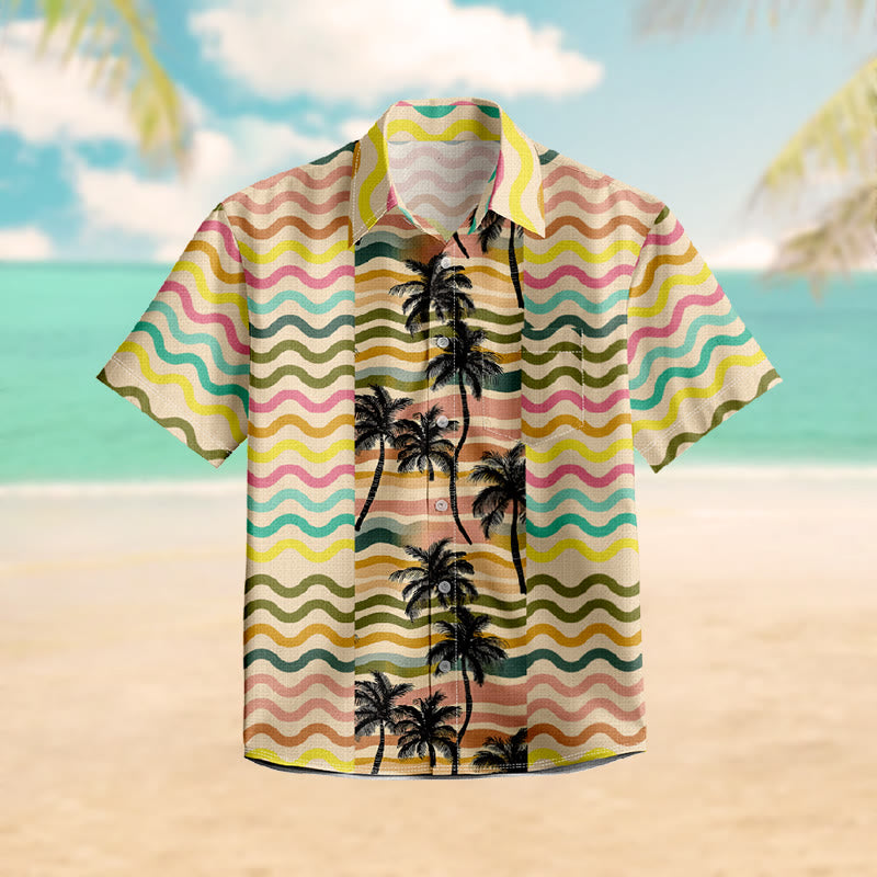 100% Cotton Multicolor Wavy Hawaiian Coconut Tree Print Short Sleeve Shirt - Multicolor - 6XL - image 1