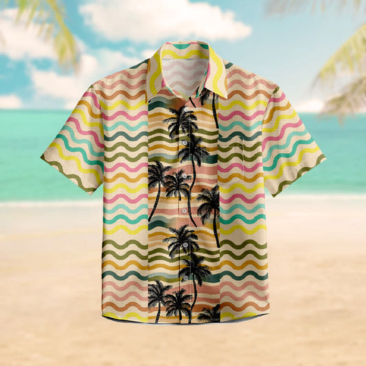 100% Cotton Multicolor Wavy Hawaiian Coconut Tree Print Short Sleeve Shirt - Multicolor - 6XL - image 1