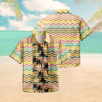 100% Cotton Multicolor Wavy Hawaiian Coconut Tree Print Short Sleeve Shirt - image 3