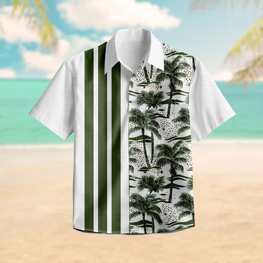 100% Cotton Green Striped Tropical Palm Tree Print Short Sleeve Shirt - Green - 6XL - image 1