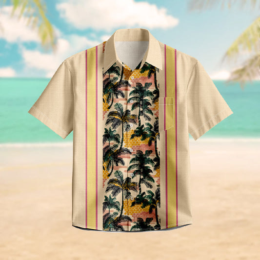 100% Cotton Summer Sunset Palm Hawaiian Print Short Sleeve Shirt - Yellow - 6XL - image 1