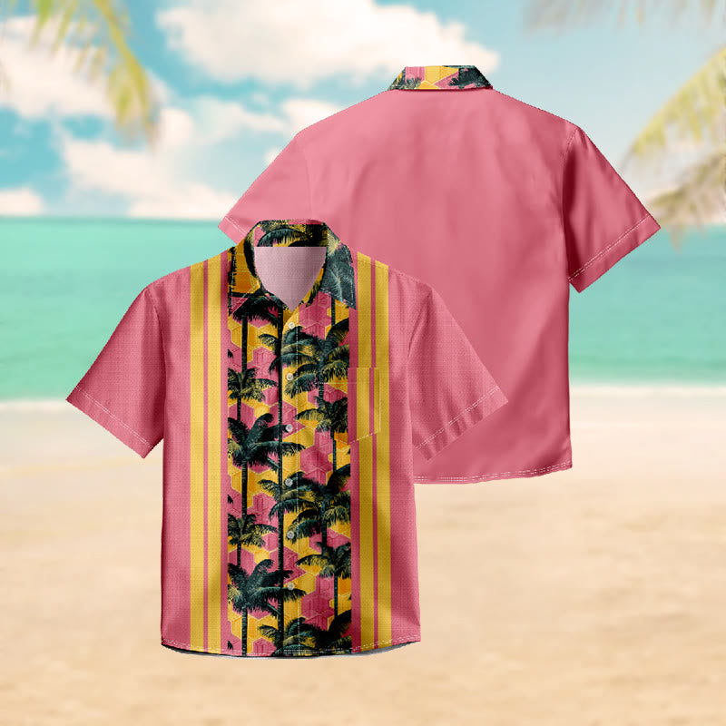100% Cotton Vintage Striped Sunset Palm Hawaiian Print Short Sleeve Shirt - image 3