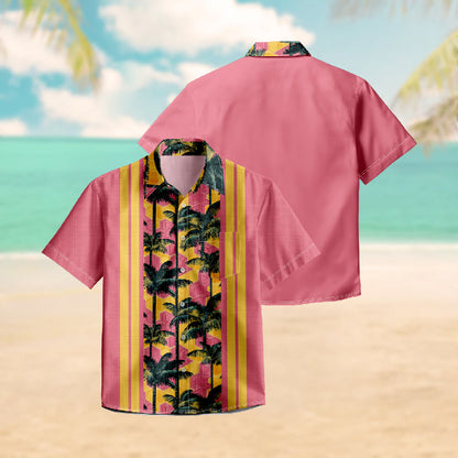 100% Cotton Vintage Striped Sunset Palm Hawaiian Print Short Sleeve Shirt - image 3