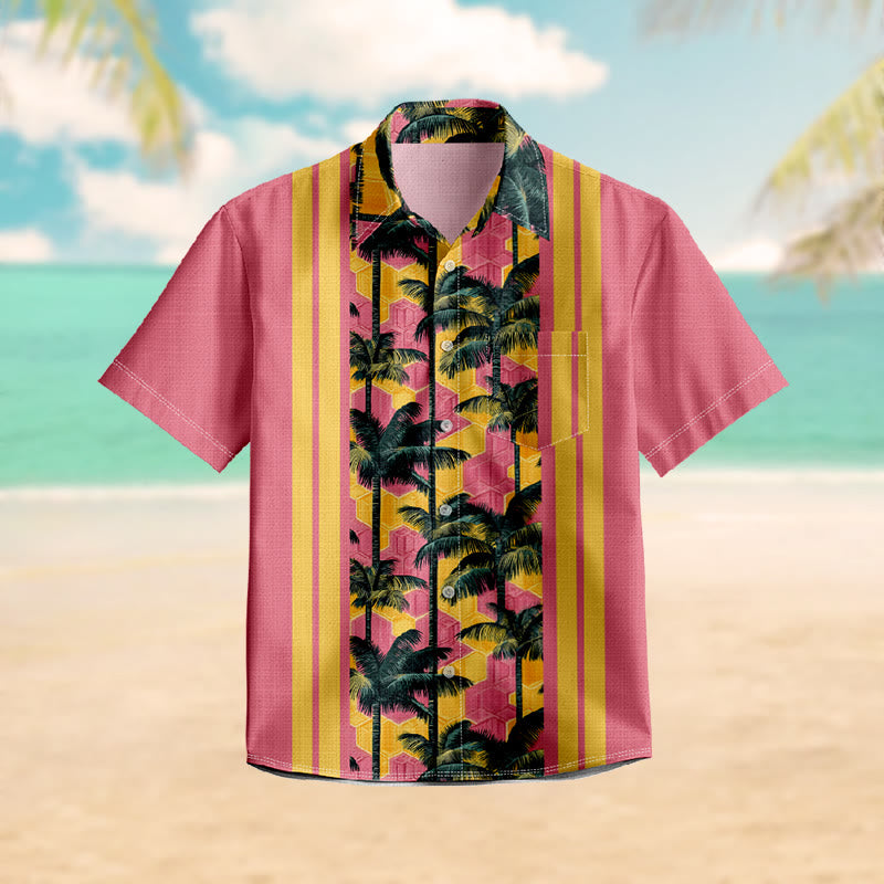 100% Cotton Vintage Striped Sunset Palm Hawaiian Print Short Sleeve Shirt - Pink - 6XL - image 1