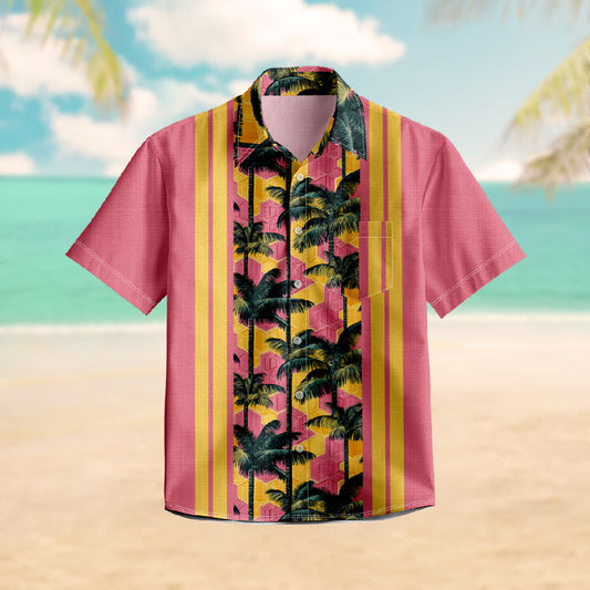 100% Cotton Vintage Striped Sunset Palm Hawaiian Print Short Sleeve Shirt - Pink - 6XL - image 1
