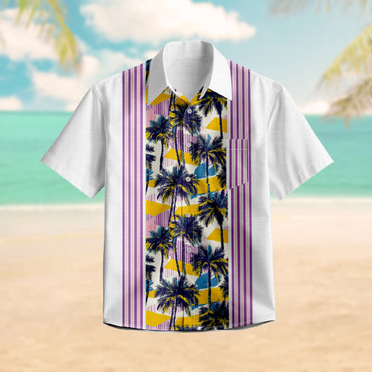 100% Cotton Striped Yellow And Purple Palm Hawaiian Print Short Sleeve Shirt - White - 6XL - image 1
