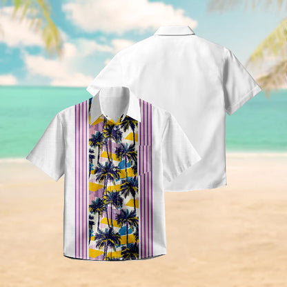 100% Cotton Striped Yellow And Purple Palm Hawaiian Print Short Sleeve Shirt - image 2