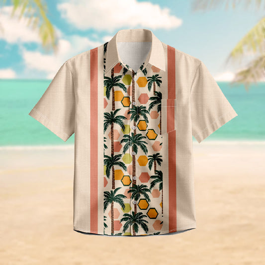 100% Cotton Colorful Hexagon & Palm Trees Print Short Sleeve Shirt - Apricot - 6XL - image 1