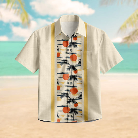 100% Cotton Vintage Orange Sun & Palm Trees Print Short Sleeve Shirt - Beige - 6XL - image 1