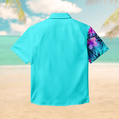 100% Cotton Tropical Turquoise Hibiscus Art Print Short Sleeve Shirt - image 2