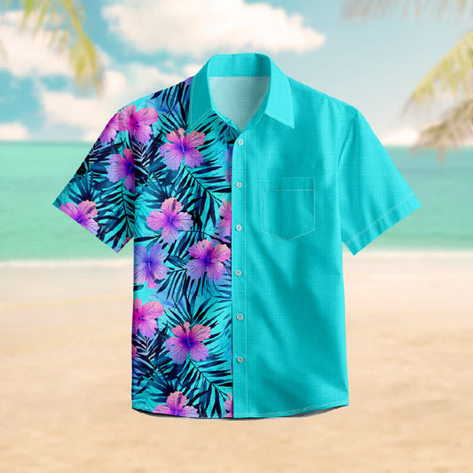 100% Cotton Tropical Turquoise Hibiscus Art Print Short Sleeve Shirt - Lake Blue - 6XL - image 1