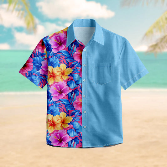 100% Cotton Colorful Flowers Blossom Art Print Short Sleeve Shirt - Sky Blue - 6XL - image 1