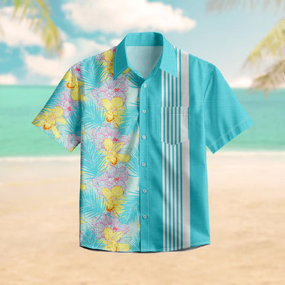 100% Cotton Retro Watercolor Floral Art Print Short Sleeve Shirt - Lake Blue - 6XL - image 1