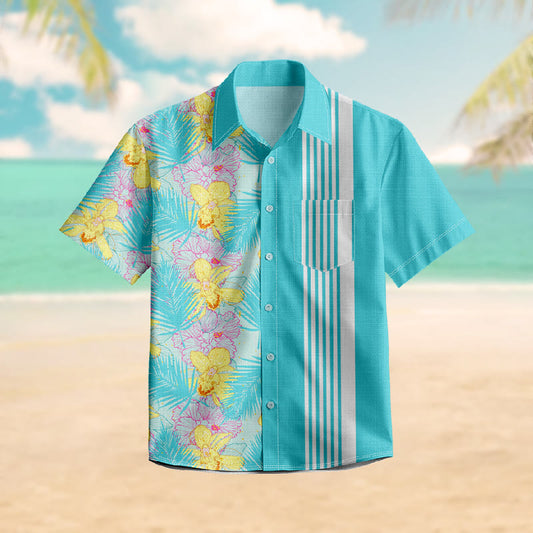 100% Cotton Retro Watercolor Floral Art Print Short Sleeve Shirt - Lake Blue - 6XL - image 1