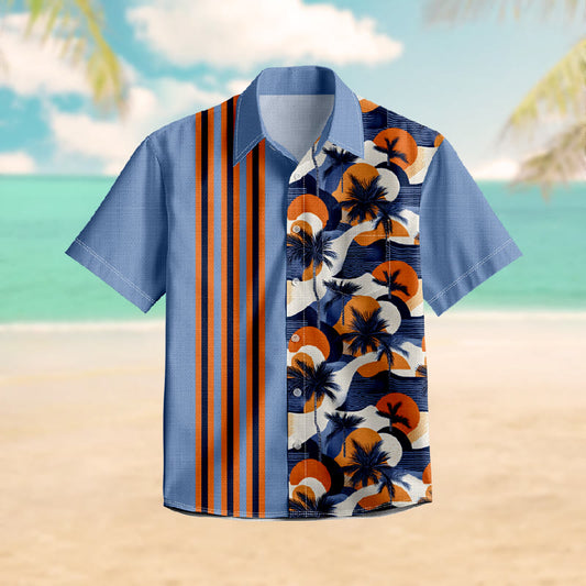 100% Cotton Tropical Sunset & Palm Tree Print Short Sleeve Shirt - Blue - 6XL - image 1