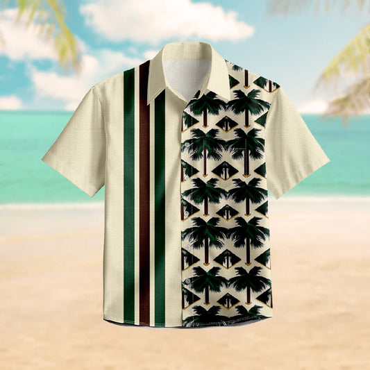 100% Cotton Vintage Striped Palm Tree Print Short Sleeve Shirt - Beige - 6XL - image 1