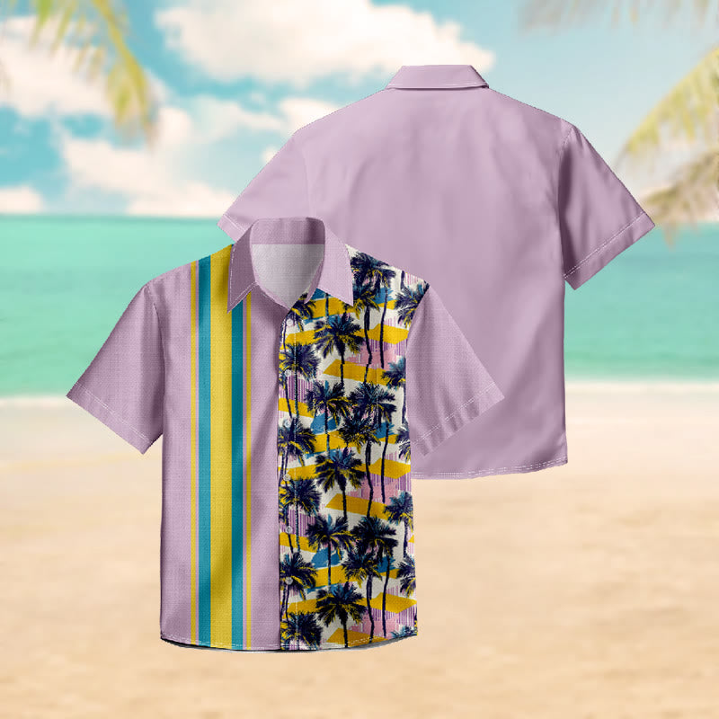 100% Cotton Retro Striped Sunset Palm Trees Print Short Sleeve Shirt - image 3