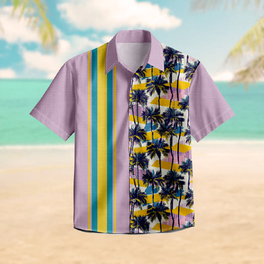 100% Cotton Retro Striped Sunset Palm Trees Print Short Sleeve Shirt - Purple - 6XL - image 1