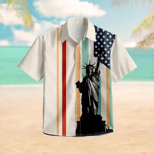 100% Cotton Striped Statue Of Liberty Print Short Sleeve Shirt - Beige - 6XL - image 1