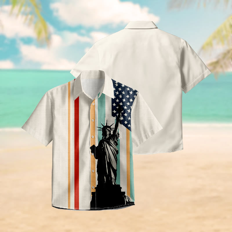 100% Cotton Striped Statue Of Liberty Print Short Sleeve Shirt - image 3