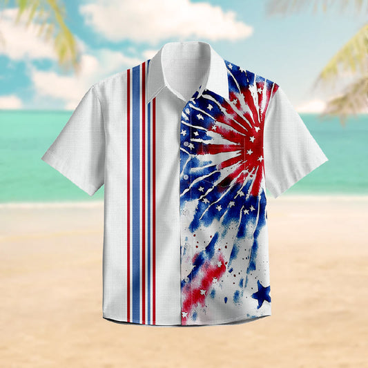 100% Cotton Firework-like American Flag Print Short Sleeve Shirt - White - 6XL - image 1