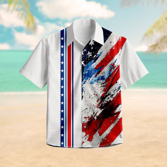 100% Cotton Splattered Stars And Stripes Print Short Sleeve Shirt - White - 6XL - image 1