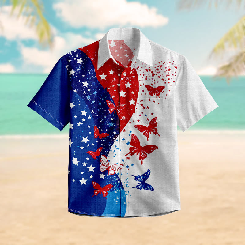 100% Cotton Butterfly & Stars Print Short Sleeve Shirt - Blue - 6XL - image 1