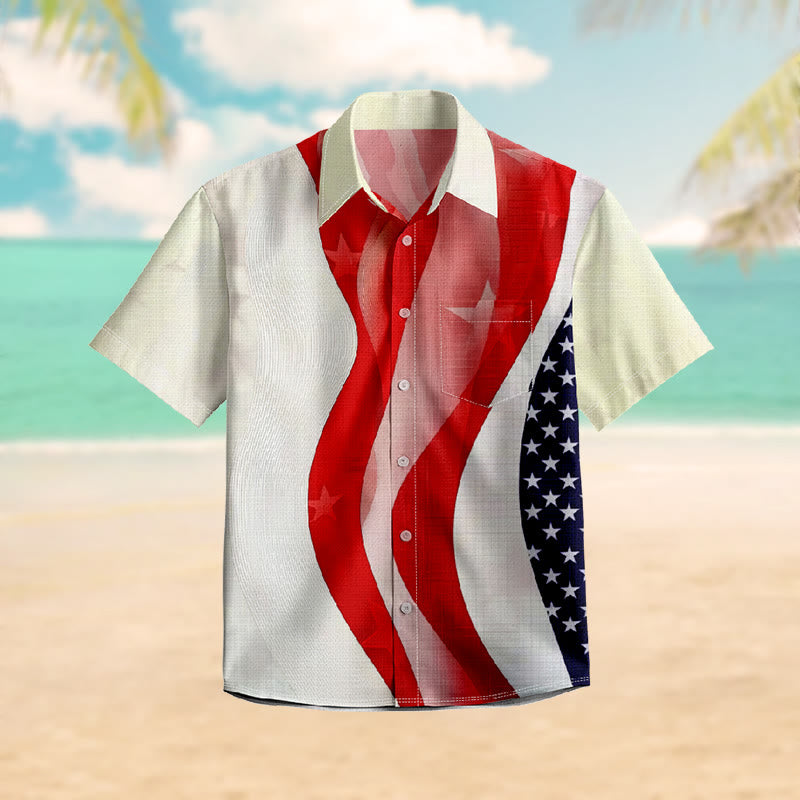 100% Cotton Retro Waving Flag Print Short Sleeve Shirt - Red - 6XL - image 1