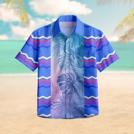 100% Cotton Tropical Waves & Leaves Art Print Short Sleeve Shirt - Blue - 6XL - image 1