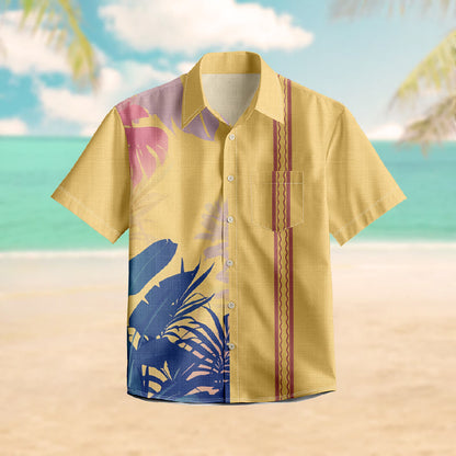 100% Cotton Summer Beach Tree Leaf Print Short Sleeve Shirt - Yellow - 6XL - image 1